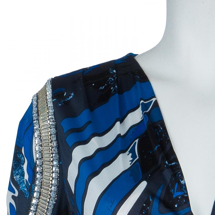 Pre Owned Emilio Pucci Blue Printed Embellished Sleeve Detail Ruched Side Knit Dress L
