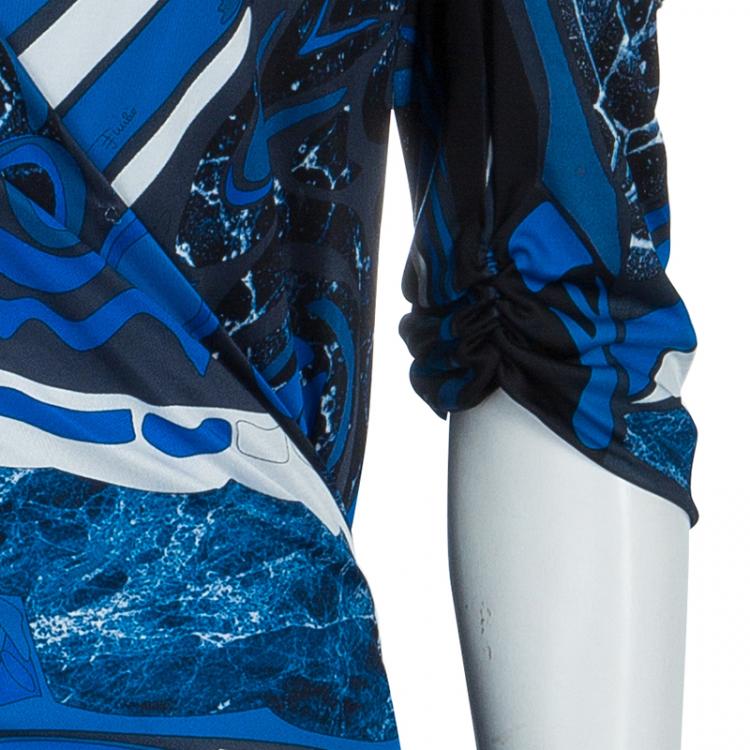 Pre Owned Emilio Pucci Blue Printed Embellished Sleeve Detail Ruched Side Knit Dress L