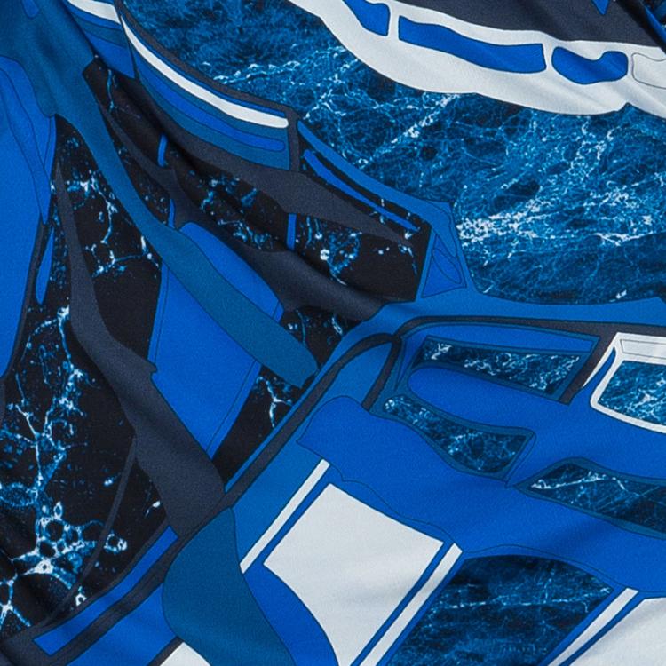Pre Owned Emilio Pucci Blue Printed Embellished Sleeve Detail Ruched Side Knit Dress L