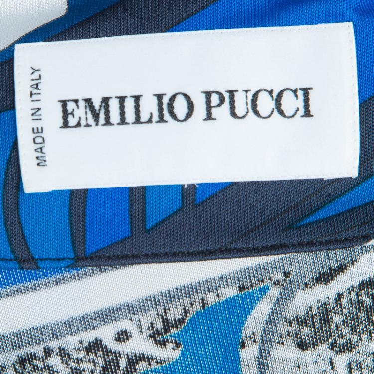 Pre Owned Emilio Pucci Blue Printed Embellished Sleeve Detail Ruched Side Knit Dress L