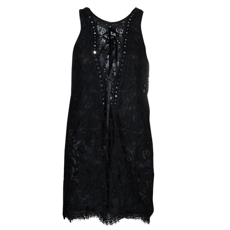 Pre Owned Emilio Pucci Black Lace Mirrorwork Tie-Up Detail Sleeveless Dress S