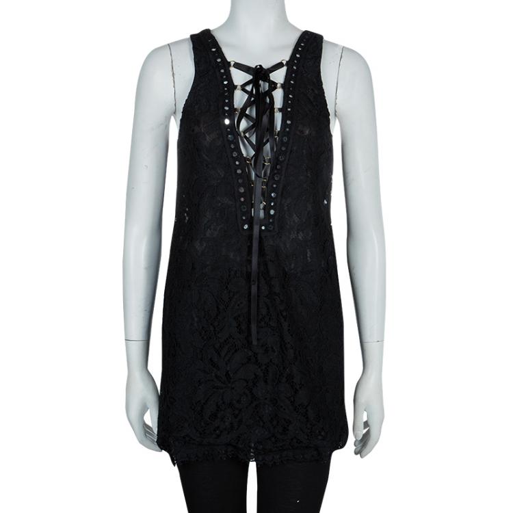 Pre Owned Emilio Pucci Black Lace Mirrorwork Tie-Up Detail Sleeveless Dress S