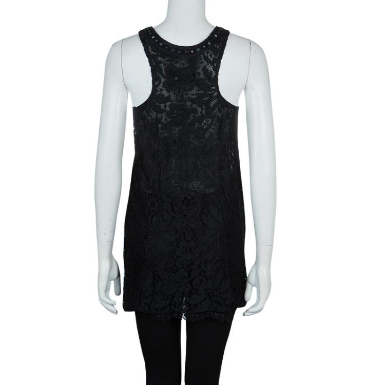 Pre Owned Emilio Pucci Black Lace Mirrorwork Tie-Up Detail Sleeveless Dress S