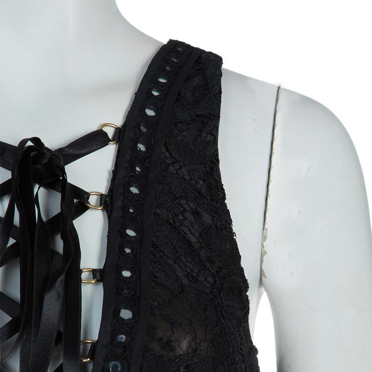Pre Owned Emilio Pucci Black Lace Mirrorwork Tie-Up Detail Sleeveless Dress S