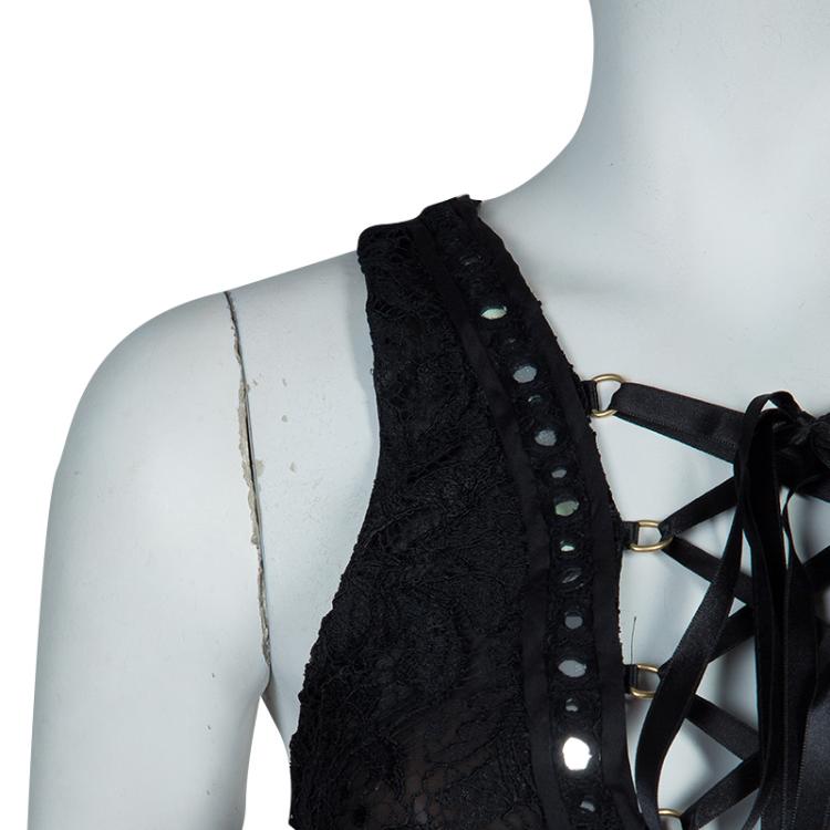 Pre Owned Emilio Pucci Black Lace Mirrorwork Tie-Up Detail Sleeveless Dress S