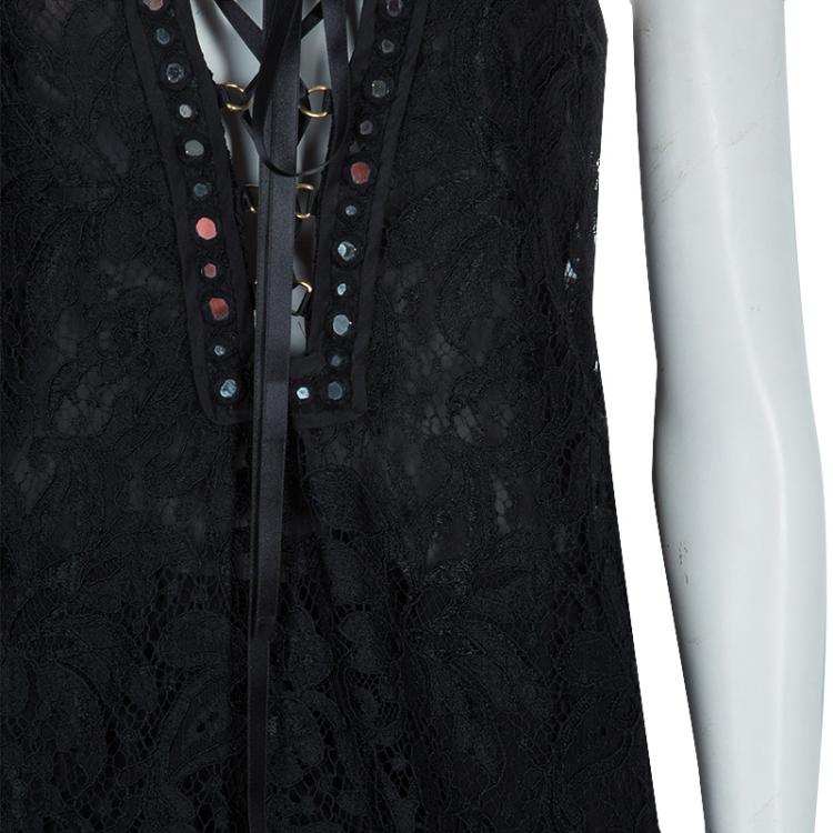 Pre Owned Emilio Pucci Black Lace Mirrorwork Tie-Up Detail Sleeveless Dress S