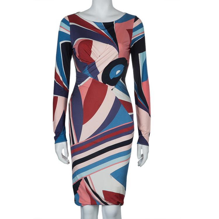 Pre Owned Emilio Pucci Multicolor Print Long Sleeve Dress M