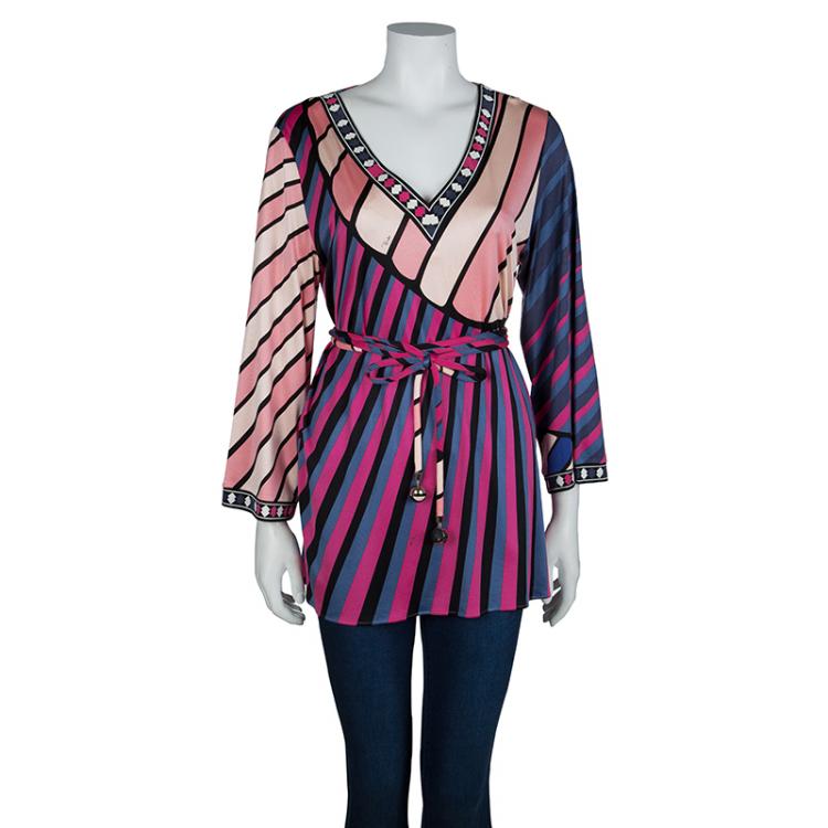 Pre Owned Emilio Pucci Multicolor Printed Knit Long Sleeve Belted Top L