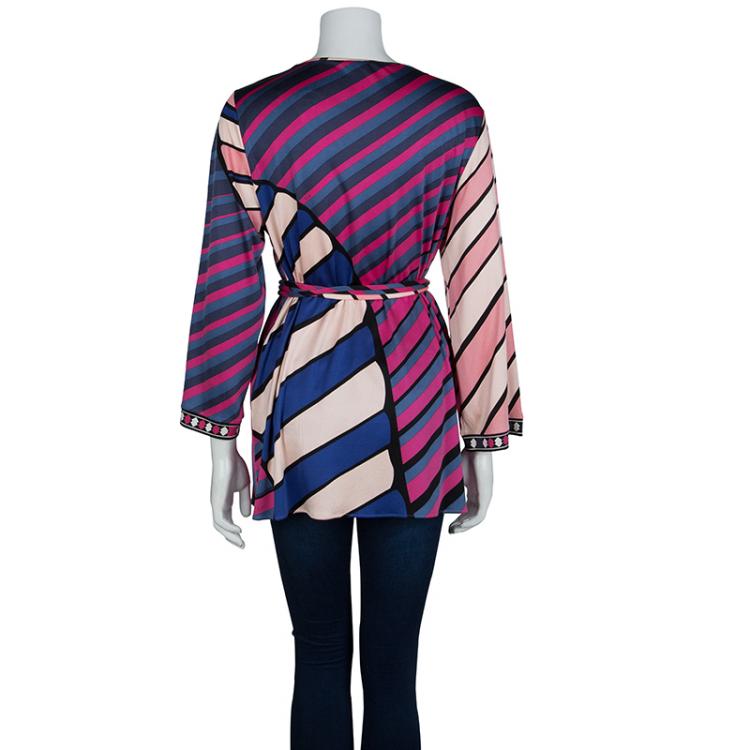 Pre Owned Emilio Pucci Multicolor Printed Knit Long Sleeve Belted Top L