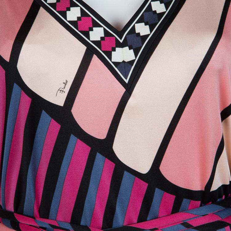 Pre Owned Emilio Pucci Multicolor Printed Knit Long Sleeve Belted Top L