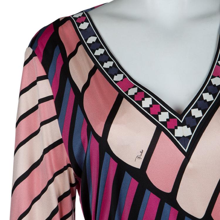 Pre Owned Emilio Pucci Multicolor Printed Knit Long Sleeve Belted Top L