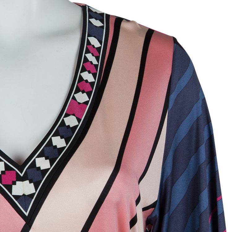 Pre Owned Emilio Pucci Multicolor Printed Knit Long Sleeve Belted Top L