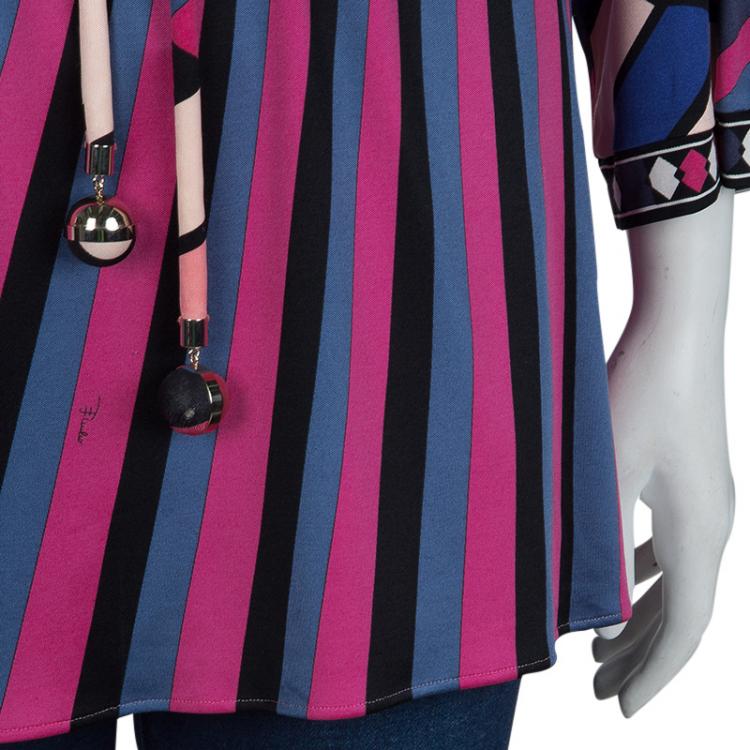 Pre Owned Emilio Pucci Multicolor Printed Knit Long Sleeve Belted Top L