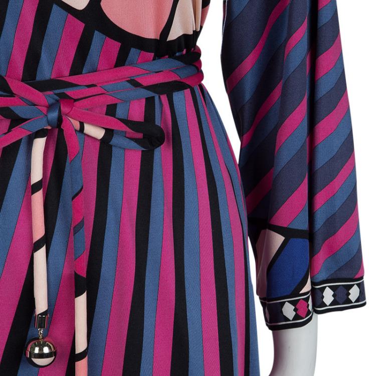 Pre Owned Emilio Pucci Multicolor Printed Knit Long Sleeve Belted Top L