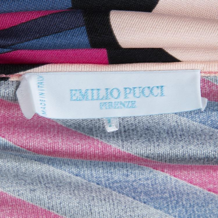 Pre Owned Emilio Pucci Multicolor Printed Knit Long Sleeve Belted Top L