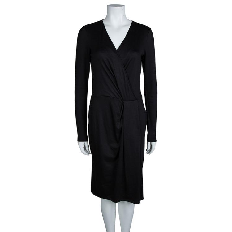 Pre Owned Emilio Pucci Black Knit Long Sleeve Draped Overlap Dress M