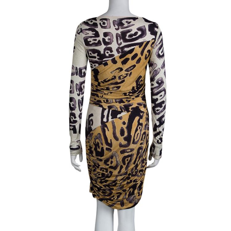 Pre Owned Emilio Pucci Animal Print  Ruched Long Sleeve Jersey Dress M