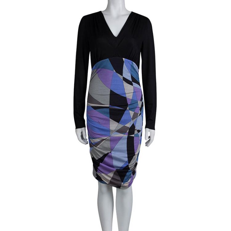 Pre Owned Emilio Pucci Multicolor Printed Knit Long Sleeve Ruched Dress M