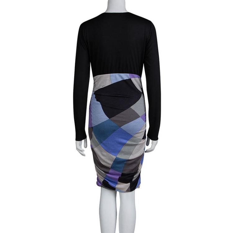 Pre Owned Emilio Pucci Multicolor Printed Knit Long Sleeve Ruched Dress M