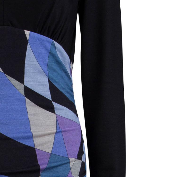 Pre Owned Emilio Pucci Multicolor Printed Knit Long Sleeve Ruched Dress M