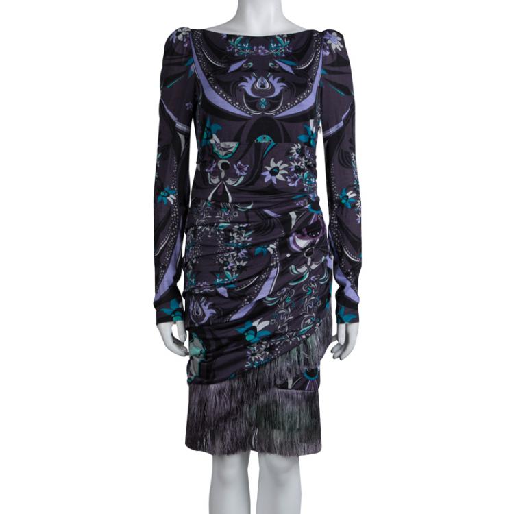 Pre Owned Emilio Pucci Purple Printed Knit Ruched Fringe Detail Dress M