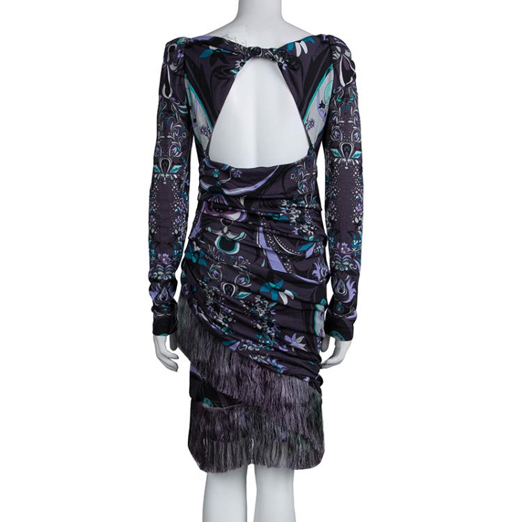 Pre Owned Emilio Pucci Purple Printed Knit Ruched Fringe Detail Dress M