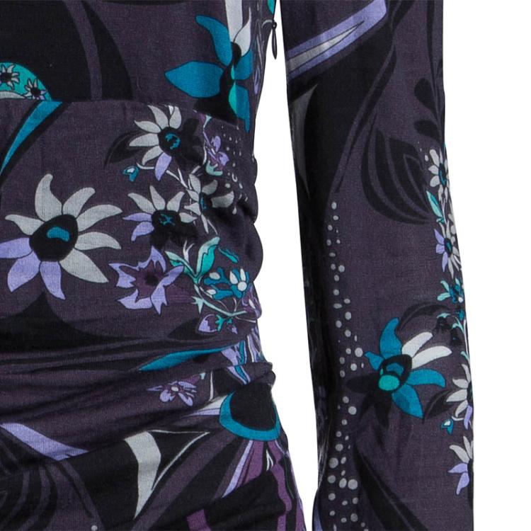 Pre Owned Emilio Pucci Purple Printed Knit Ruched Fringe Detail Dress M
