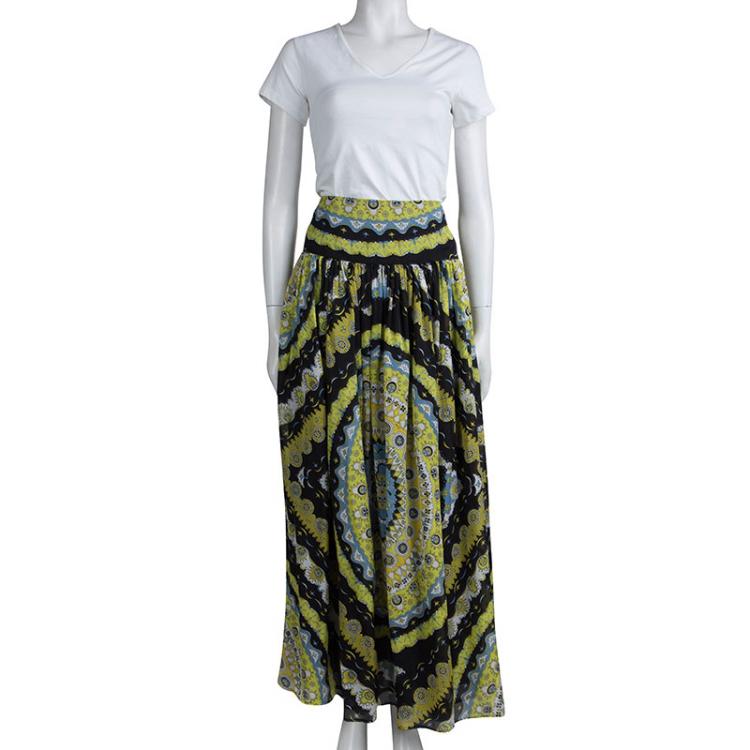 Pre Owned Emilio Pucci Multicolor Printed Silk Gathered Maxi Skirt S