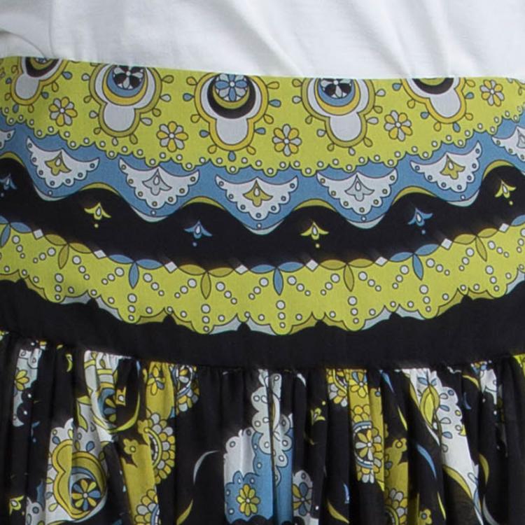 Pre Owned Emilio Pucci Multicolor Printed Silk Gathered Maxi Skirt S