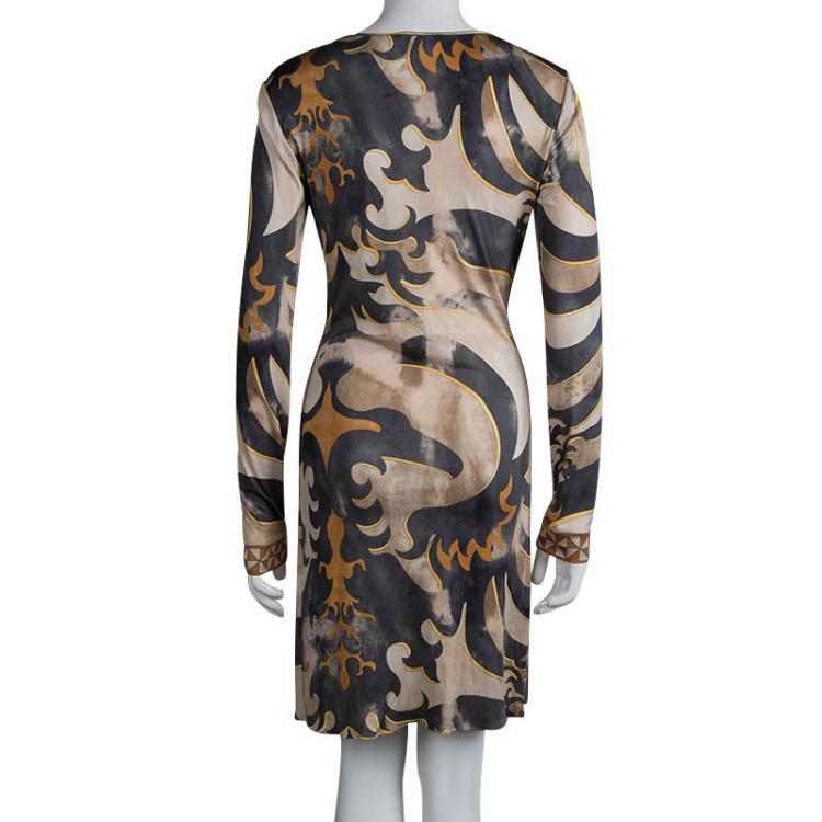 Pre Owned Emilio Pucci Multicolor Printed Silk Knit Long Sleeve Draped Dress M