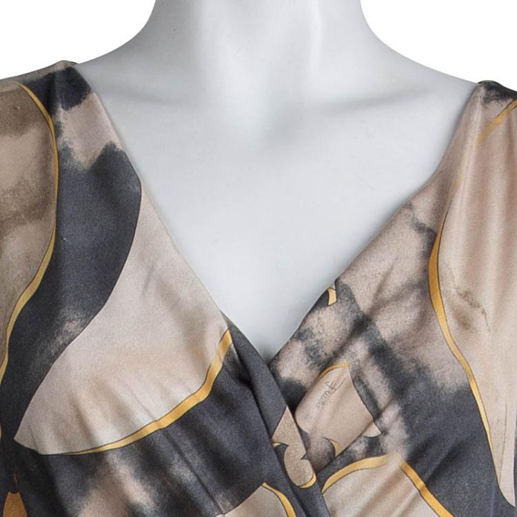 Pre Owned Emilio Pucci Multicolor Printed Silk Knit Long Sleeve Draped Dress M