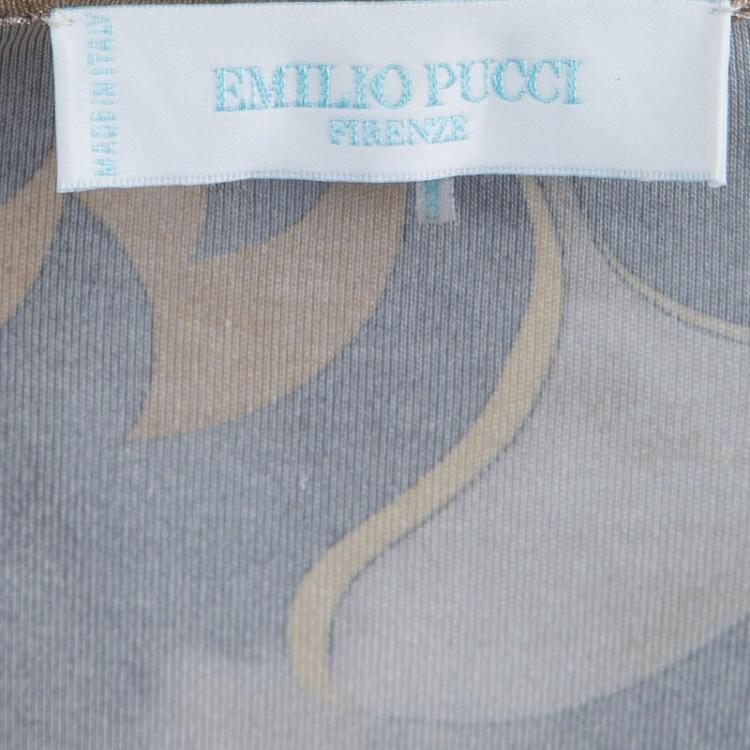 Pre Owned Emilio Pucci Multicolor Printed Silk Knit Long Sleeve Draped Dress M