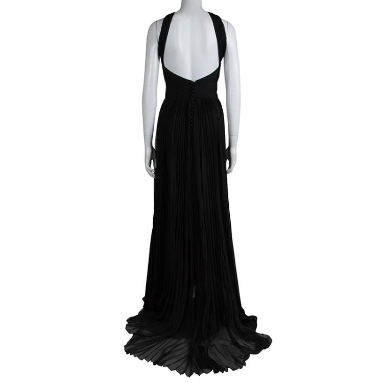 Pre Owned Emilio Pucci Black Plisse Silk Lace Detail Halter Gown S