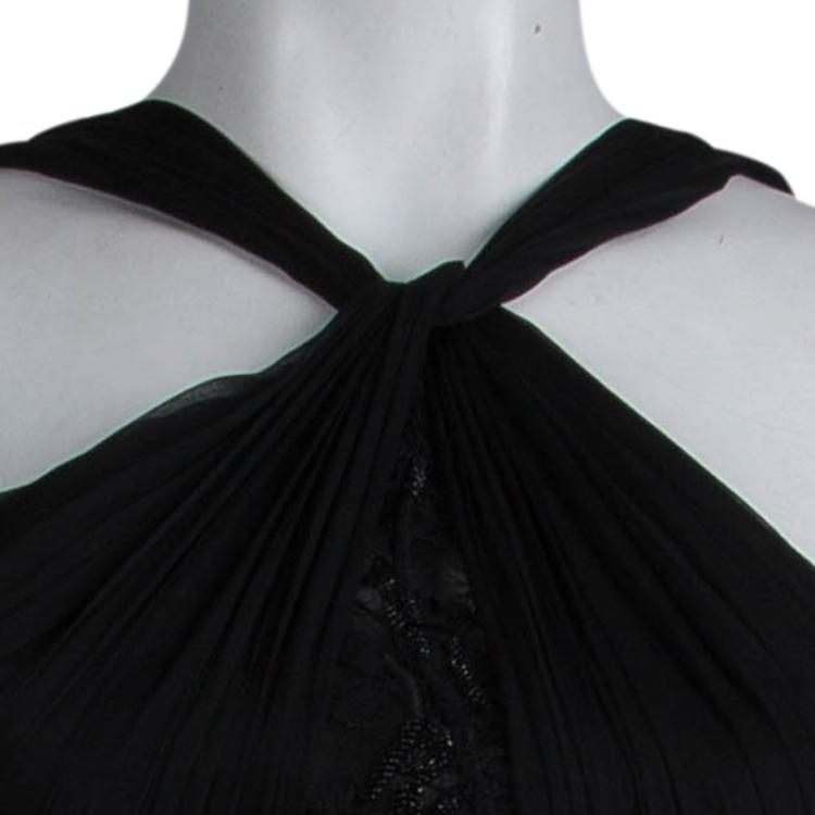 Pre Owned Emilio Pucci Black Plisse Silk Lace Detail Halter Gown S