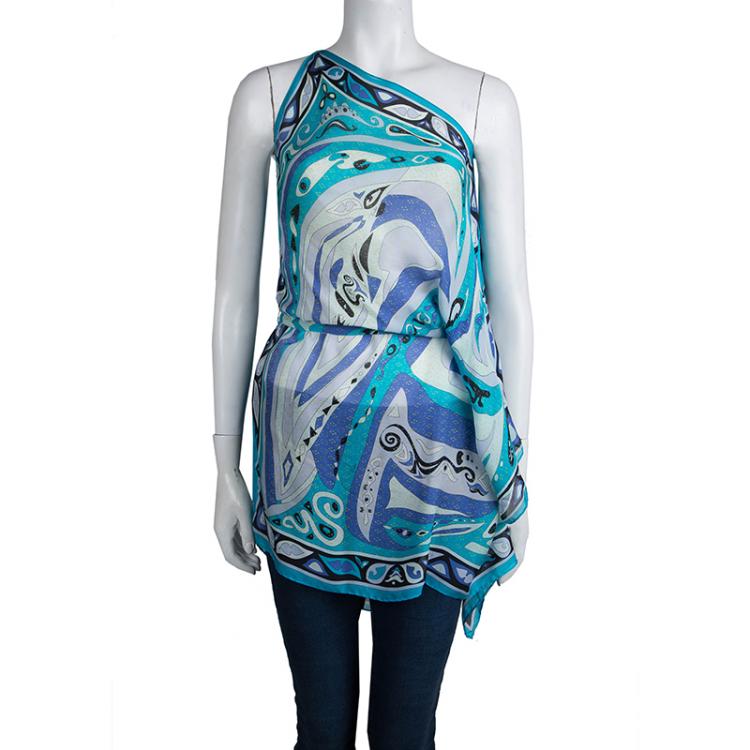 Pre Owned Emilio Pucci Blue Abstract Silk One Shoulder Top OS