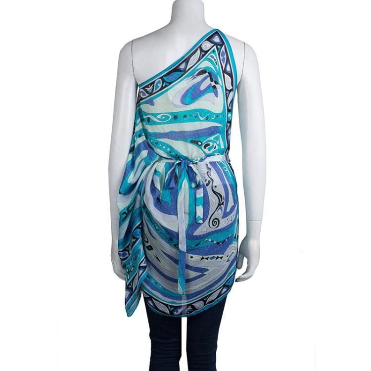Pre Owned Emilio Pucci Blue Abstract Silk One Shoulder Top OS