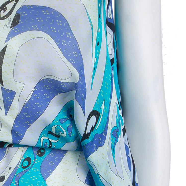 Pre Owned Emilio Pucci Blue Abstract Silk One Shoulder Top OS