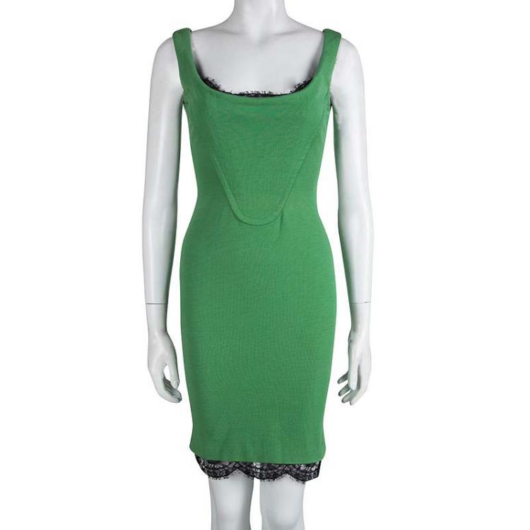 Pre Owned Emilio Pucci Green Knit Scalloped Lace Trim Sleeveless Bodycon Dress S