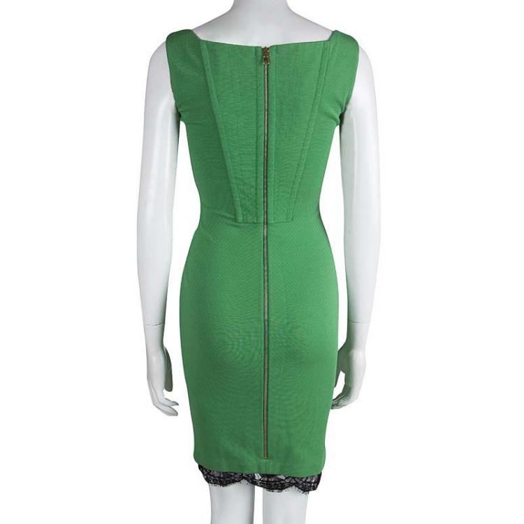 Pre Owned Emilio Pucci Green Knit Scalloped Lace Trim Sleeveless Bodycon Dress S