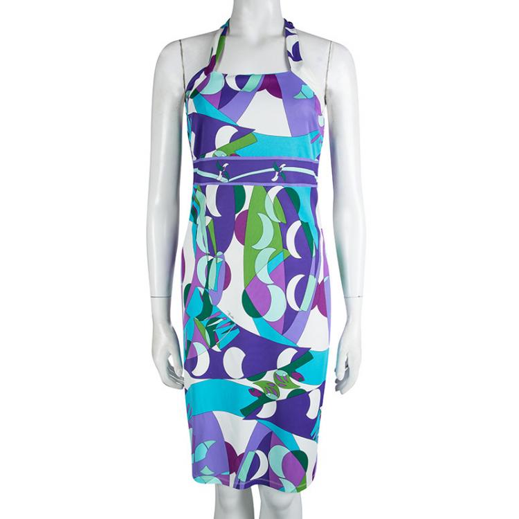 Pre Owned Emilio Pucci Multicolor Printed Knit Halter Dress M