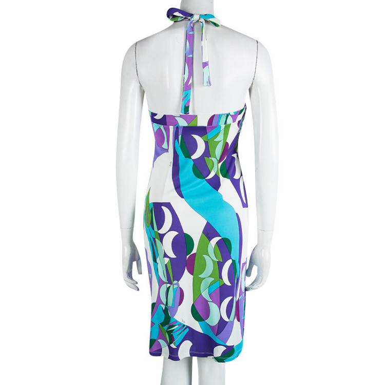 Pre Owned Emilio Pucci Multicolor Printed Knit Halter Dress M