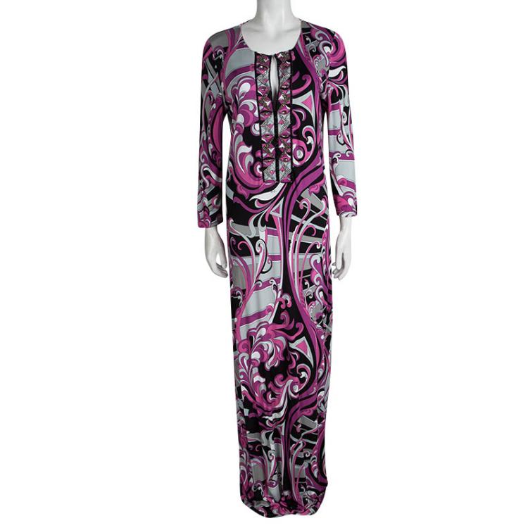 Pre Owned Emilio Pucci Multicolor Printed Embellished Long Sleeve Maxi Dress L