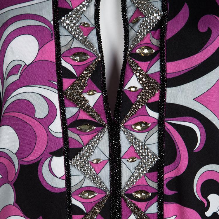 Pre Owned Emilio Pucci Multicolor Printed Embellished Long Sleeve Maxi Dress L