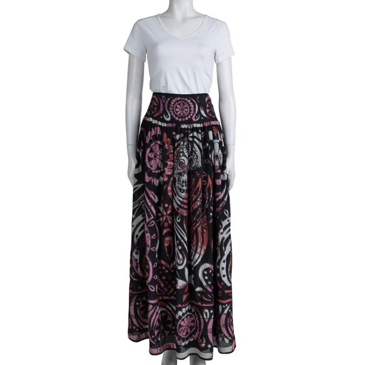 Pre Owned Emilio Pucci Multicolor Print Embroidered Gathered Maxi Skirt S