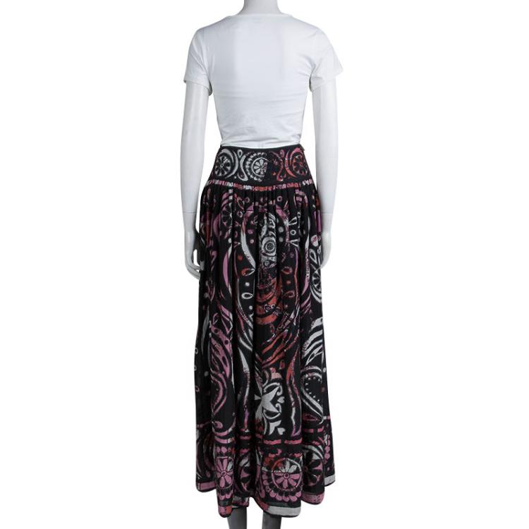 Pre Owned Emilio Pucci Multicolor Print Embroidered Gathered Maxi Skirt S