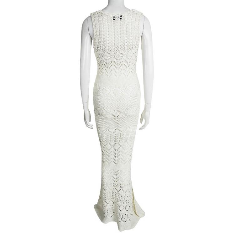 مملوكة مسبقًا Emilio Pucci Cream Perforated Chunky Knit Sleeveless Maxi Dress M