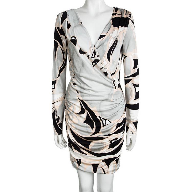 Pre Owned Emilio Pucci Multicolor Printed Silk Long Sleeve Draped Dress M