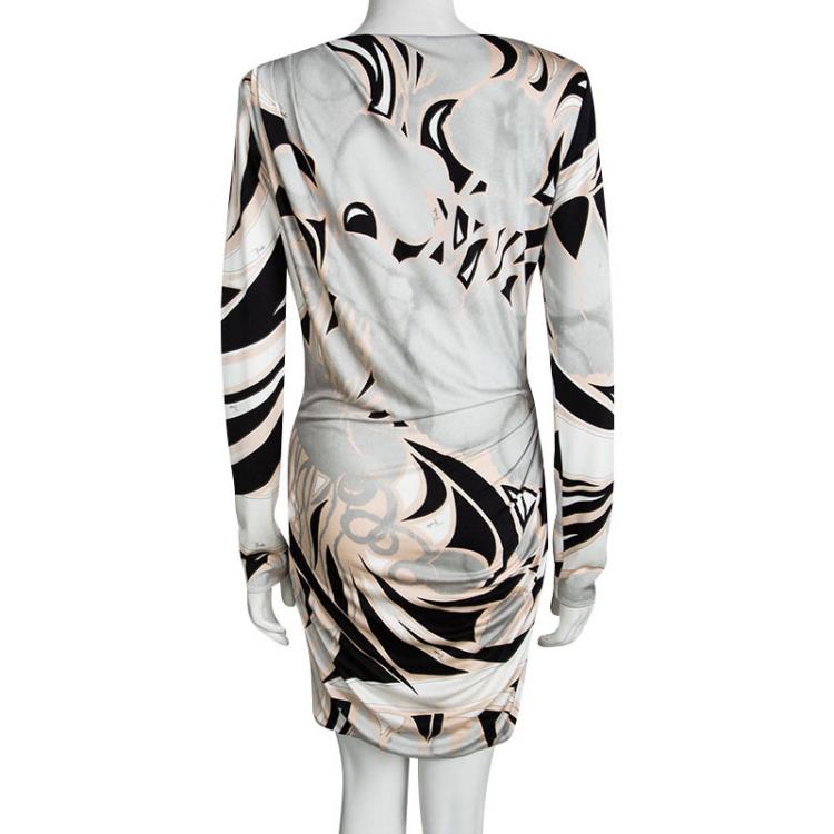 Pre Owned Emilio Pucci Multicolor Printed Silk Long Sleeve Draped Dress M