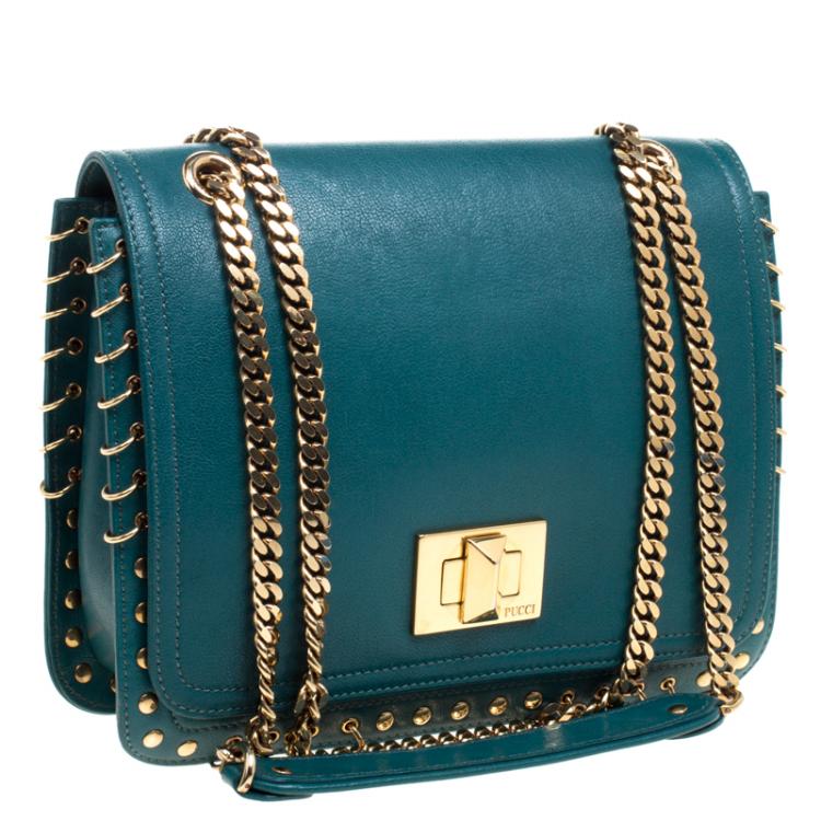 Pre Owned Emilio Pucci Emerald Green Leather Marquise Shoulder Bag