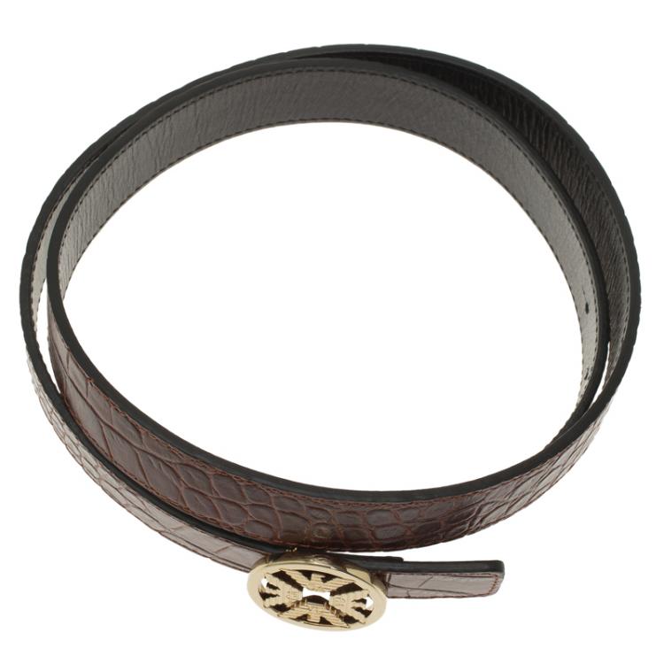 Pre Owned Emporio Armani Brown Croc Embossed and Black Leather Reversible Belt Size 42 